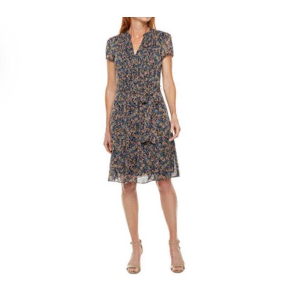 MSK Women Brown With White Floral V-Neck Button Front Shift Dress Size 16